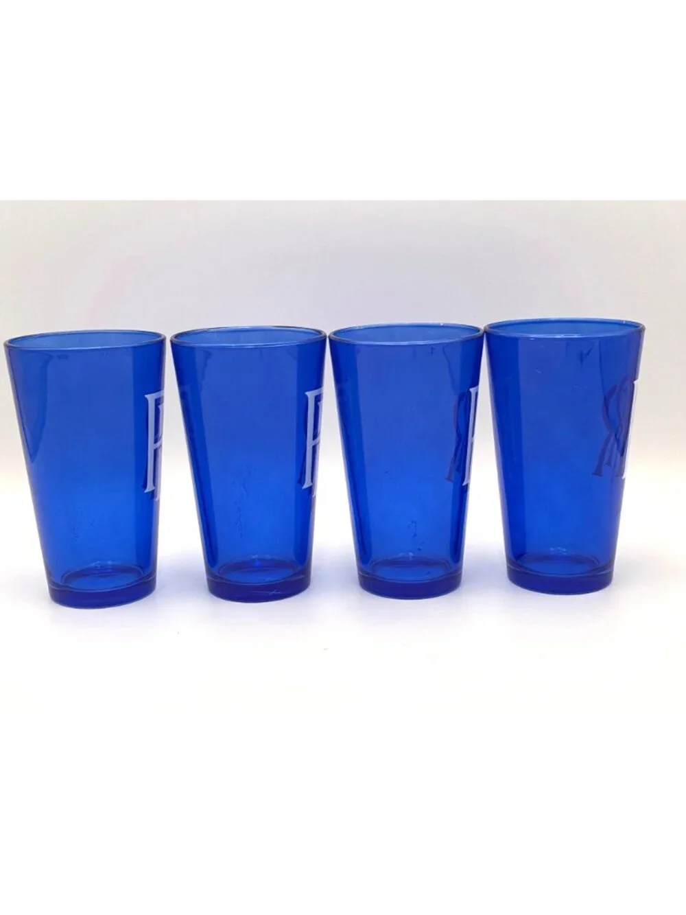 Set Of 4 Rolls-Royce RR Logo Drinking Glass Blue Frosted White Logo 16oz